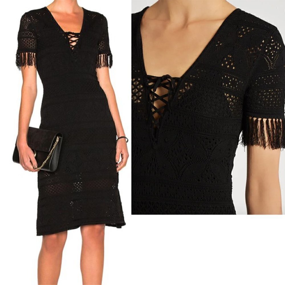 SALE A.L.C. Trevi Black V-Neck Tie-Front Detail Crochet Fringed Midi Dress Large